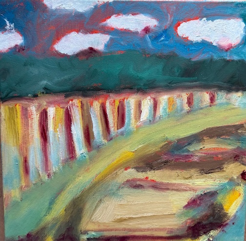 “Corn Fields, acrylic, by Sue Rauschenfels.
