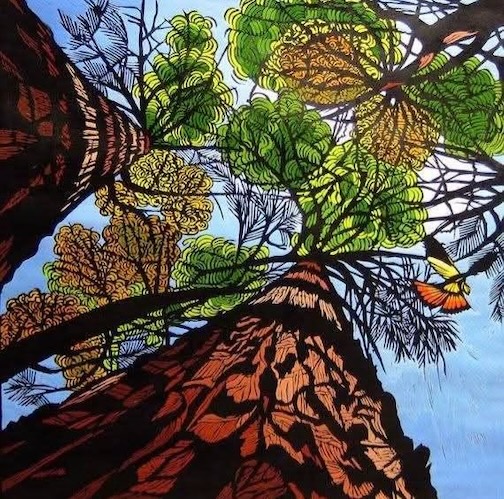 Towards the canopy, lnocut, hand-painted, by Gail Kellett.