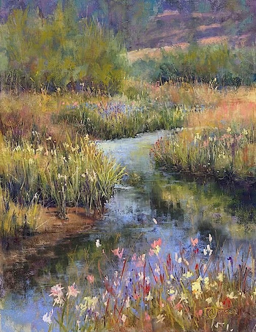 A soft gentle flow, dry pastel on sanded pastel paper, Randye Jensen.