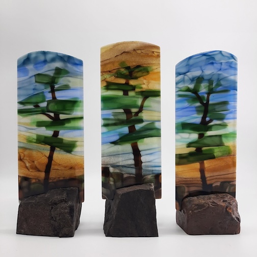 Pine trees, fused glass by Nancy Seaton, an Art Along the Lake Fall Studio Tour artist.