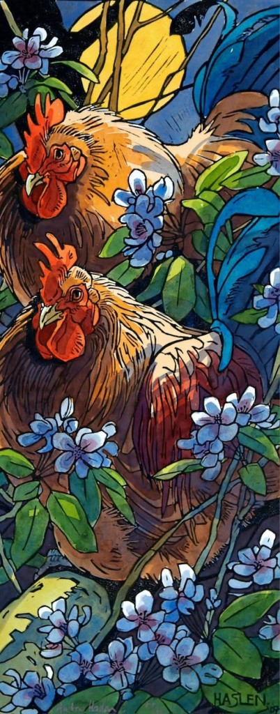 Cockerels roosting, linocut, watercolor, by Andrew Haslen.