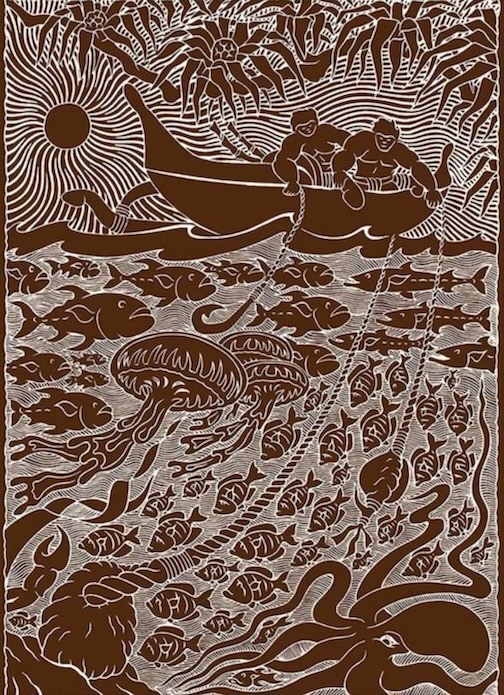 Cowry shell octopus lure, linotype, by Dietrich Varez.