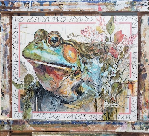 Omakakii - means frog in Anishnabemowin, mixed media, by Racy Lee Green.