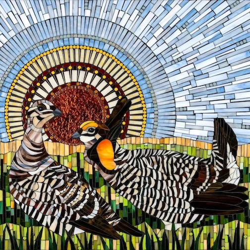 Prairie chickes, stained glass mosaic by .laura ruprecht.