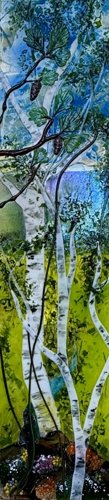 Rock, Trees, Water & Sky, fused glass, by Tony Rau.