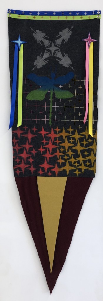 Our existence is Resistance, spray paint stencil on felt, silk ribbon, by John Hitchcock
